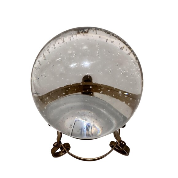 Vintage Crystal Ball Paperweight: 4" Bubble Glass Sphere on Brass Holder - Picture 2 of 5